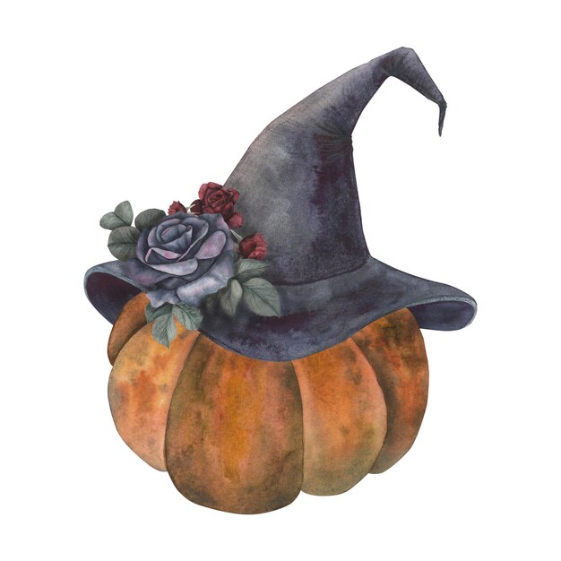 Photo chapeau de sorcière citrouille d'automne avec des roses isolées sur fond blanc aquarelle dessinée à la main croquis de fantaisie sombre iillustration art design mystique halloween décoration de sorcière carte de voeux effrayante