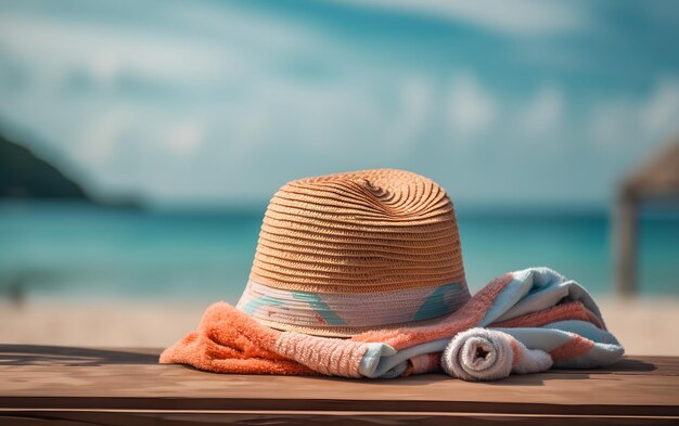 Un chapeau sur une table en bois avec une serviette de plage dessus