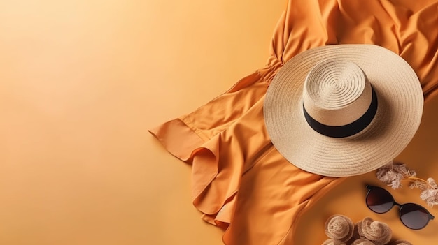 Un chapeau sur une table avec une serviette de plage et une serviette.