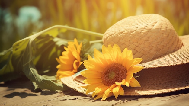 Un chapeau et des tournesols sur une surface en bois