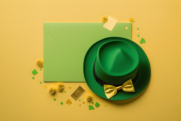 Un chapeau vert avec un arc d'or se trouve sur un fond jaune à côté d'un panneau vierge qui dit lutin.