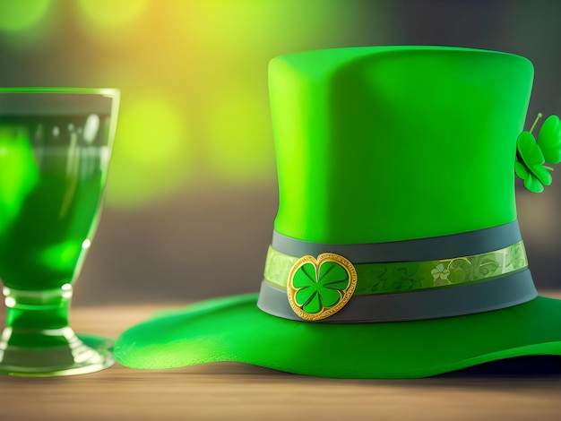 Photo chapeau vert et bière célébration de la fête de la saint-patrick bonne chance concept ai généré