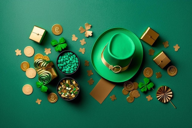 Un chapeau vert et des pièces d'or sont sur un fond vert avec des pièces d'or et des trèfles.