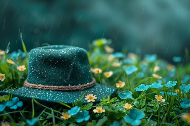 Un chapeau vert se trouve au sommet d'un champ vert vibrant le jour de Saint-Patrick créant un contraste frappant avec