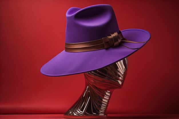 Chapeau violet sur une tête de mannequin sur un fond rouge