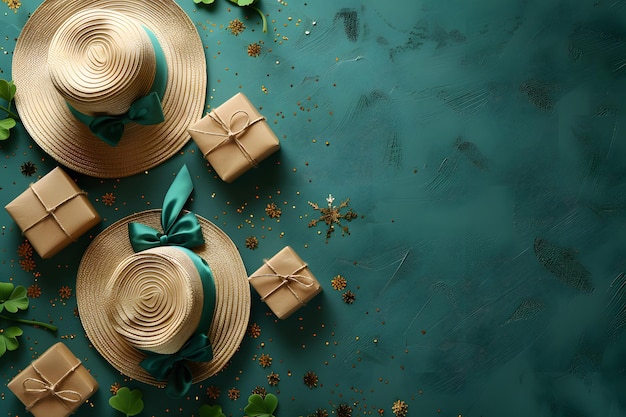 Des chapeaux et des cadeaux sur la table