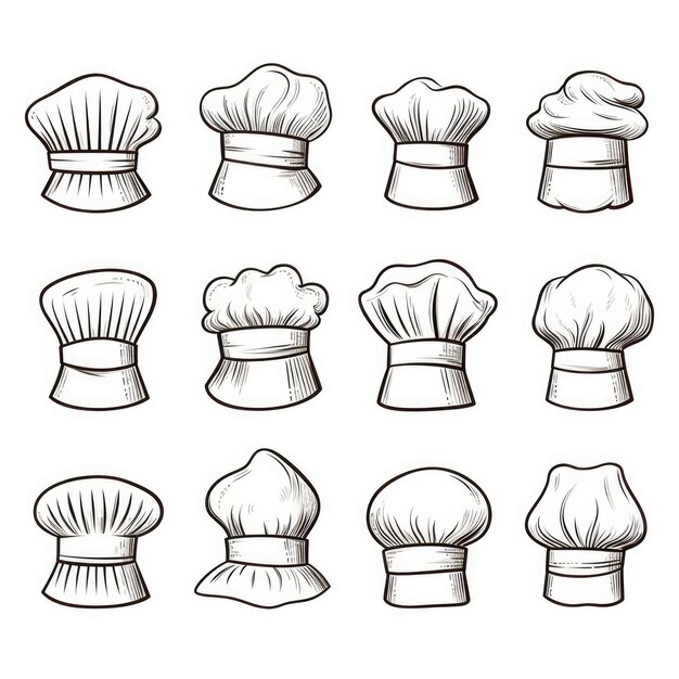 Photo chapeaux de chef de cuisine, ensemble de casquettes de cuisinière, vêtements de tête culinaires pour la cuisine, illustration dessinée à la main