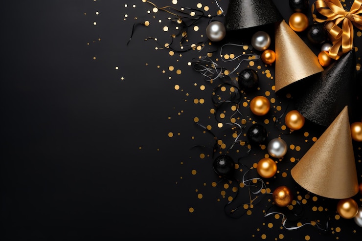 Photo chapeaux de fête et décorations de fête sur fond noir