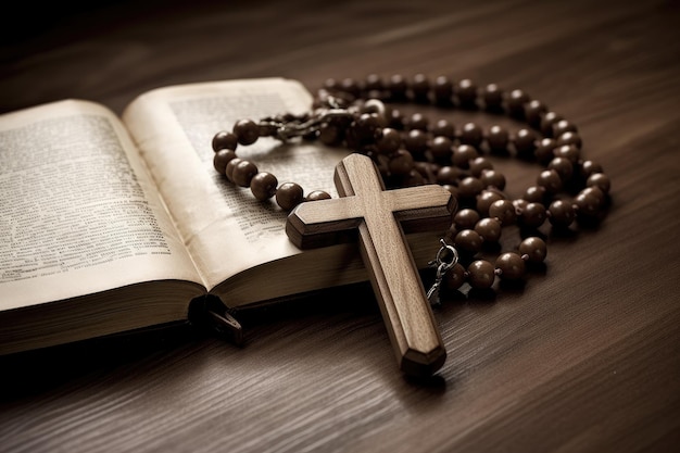 Un chapelet avec une croix est posé sur une table.