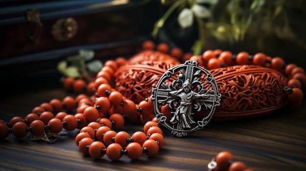 Photo un chapelet et une croix sur une table en bois