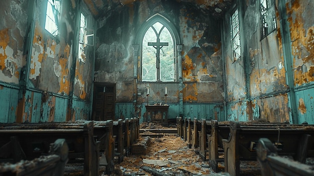 Une chapelle abandonnée avec du papier peint de bancs cassés