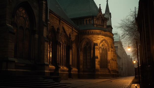 Chapelle gothique éclairée par une lanterne au crépuscule générée par l'IA