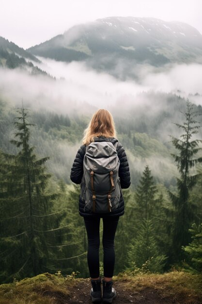 Échapper à l'agitation de la ville et à l'unité avec la nature Une femme blonde profite de la vue sur les montagnes d'été Concept de désintoxication numérique Contemplation de la nature seule avec vos pensées