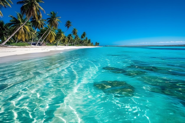 Échappez à la routine quotidienne Plage tropicale isolée avec des eaux turquoise cristallines et des palmiers se balançant ai générative