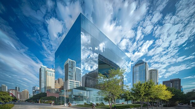 Photo avec chaque nuage qui passe, l'extérieur réfléchissant du bâtiment d'affaires se transforme, reflétant la beauté en perpétuel changement du ciel et ajoutant une touche de dynamisme à l'horizon de la ville.