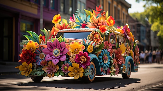 Photo un char coloré orné de fleurs en arrière-plan