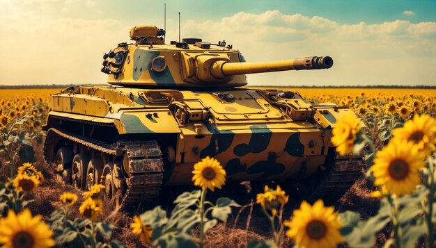 Photo un char dans un champ de tournesols guerre en ukraine