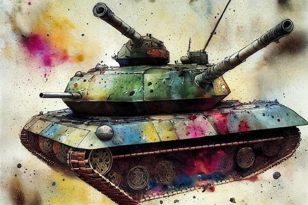 Le char est au combat en train de tirer sur l'ennemi Guerre mondiale Énorme réservoir peinture d'illustration de style d'art numérique