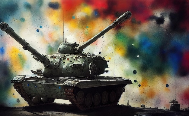 Le char est au combat en train de tirer sur l'ennemi Guerre mondiale Énorme réservoir peinture d'illustration de style d'art numérique