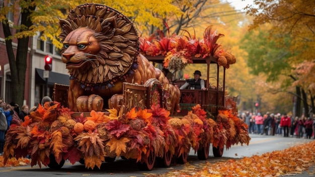 Un char avec un lion dessus est décoré de feuilles d'oranger et le mot tombe dessus.