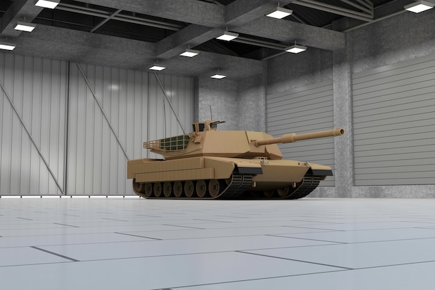 Char militaire lourd dans un hangar moderne