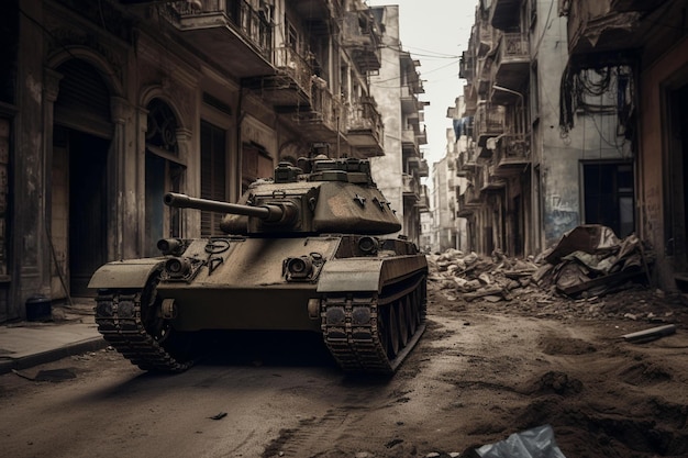 Un char militaire traversant une ville déchirée par la guerre Generative AI