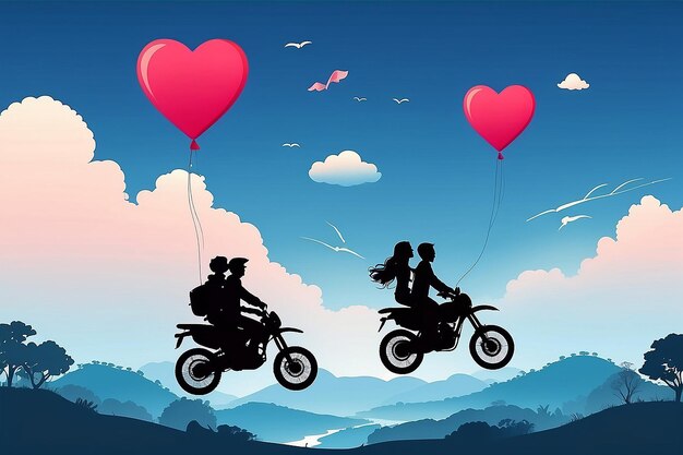 Character mignon Silhouette de dessin animé et style papier amour du ballon du jour de la Saint-Valentin volant sur couple avec cœur flottant dans le ciel couple vélo moto voyage lune de miel avec vecteur d'espace de copie