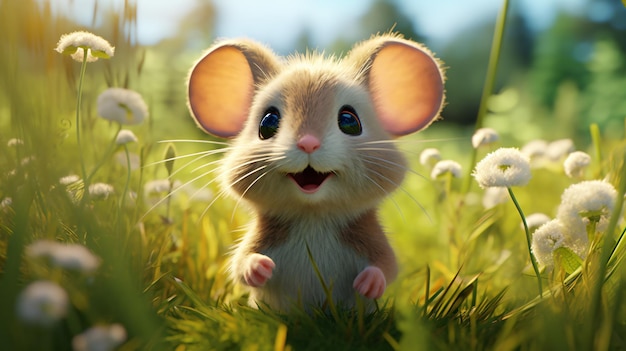 Character de souris de dessin animé mignon dans une prairie