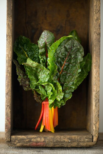 Photo chard rouge rubis dans une boîte en bois