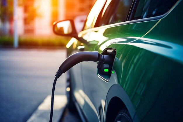 Charge d'une voiture électrique blanche dans la ville au coucher du soleil en gros plan