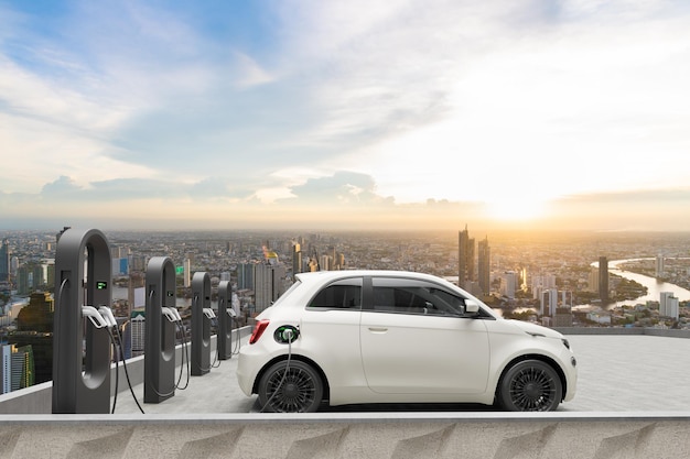 Charge de voiture électrique compacte dans la station de toit avec rendu 3d de fond de ville