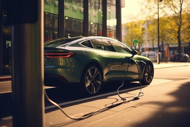 Charge d'une voiture électrique moderne à une station de charge avec des arbres verts en arrière-plan par une belle journée ensoleillée