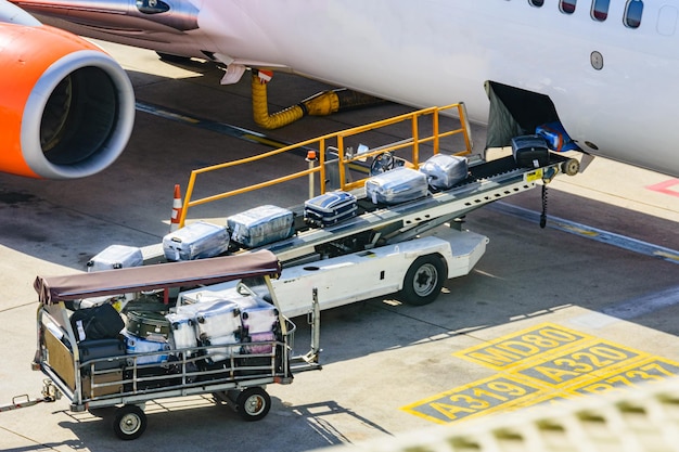 Chargement des bagages dans l'avion à l'aéroport de la ville d'Antalya, Turquie