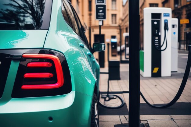 Chargement d'une batterie de voiture électrique moderne dans la rue de l'alimentation électrique branchée sur une voiture électrique