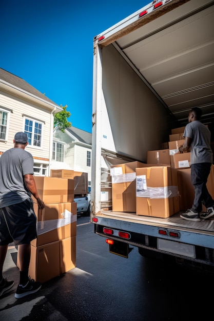 chargement de cartons dans un camion de déménagement pour déplacer une nouvelle maison générative d'IA