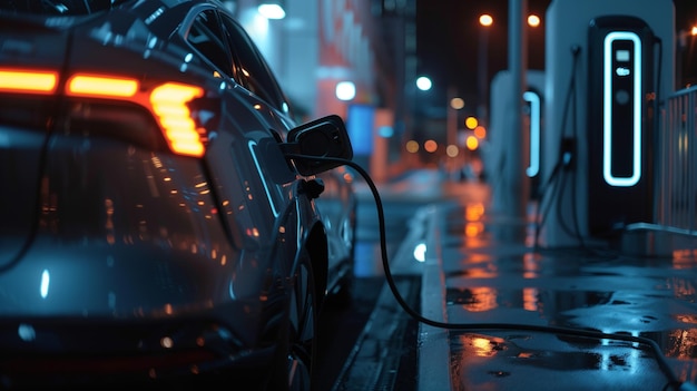Chargement de voitures électriques à la station avec infrastructure de câbles électriques en ville