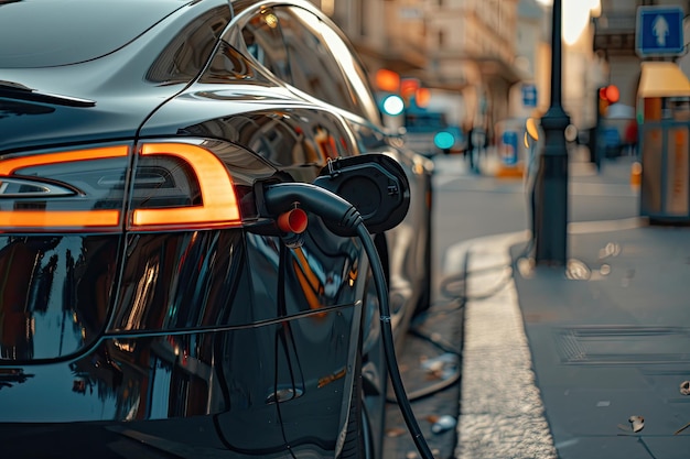 Photo charger les batteries d'une voiture électrique noire dans une rue de la ville