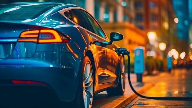 Charger les batteries de voitures électriques actuelles dans la rue qui représentent l'avenir de l'automobile AI générative