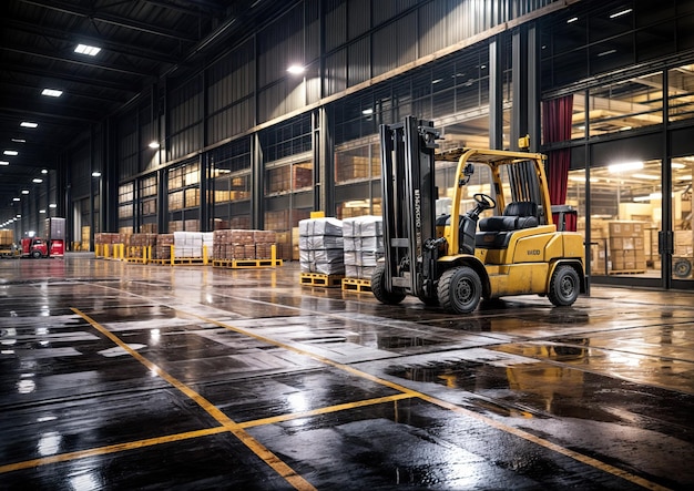 Photo chargeur à fourche dans l'entrepôt transport de marchandises et entrepôt de distribution