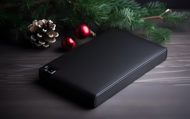 Un chargeur noir est assis sur une table en bois avec des décorations de noël.