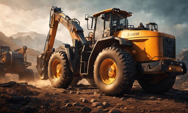 Chargeur à roues ou bulldozer puissant isolé sur le fond du ciel