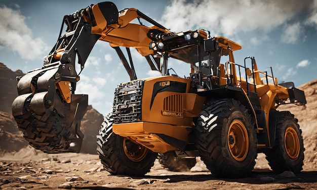 Chargeur à roues ou bulldozer puissant isolé sur le fond du ciel