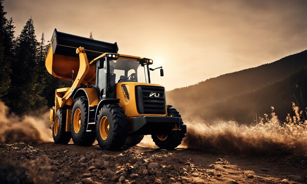 Chargeur à roues ou bulldozer puissant isolé sur le fond du ciel