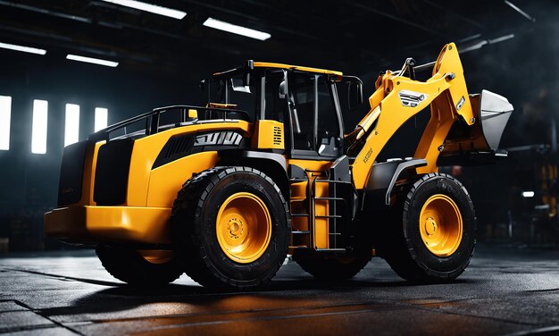 Chargeur à roues ou bulldozer puissant isolé sur le fond du ciel