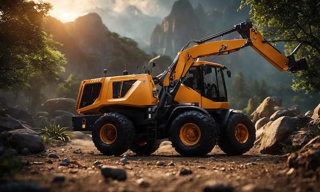 Photo chargeur à roues ou bulldozer puissant isolé sur le fond du ciel