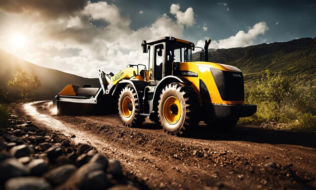 Chargeur à roues ou bulldozer puissant isolé sur le fond du ciel