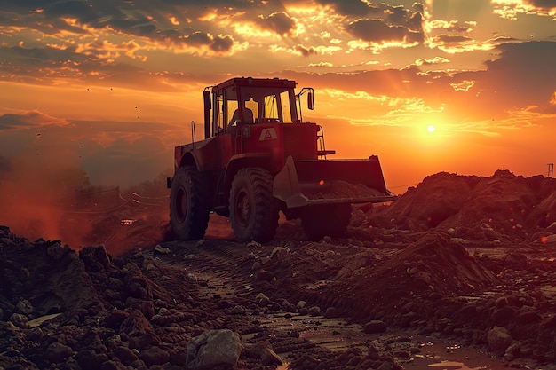 Un chargeur à roues creuse le sol sur le chantier de construction au coucher du soleil.