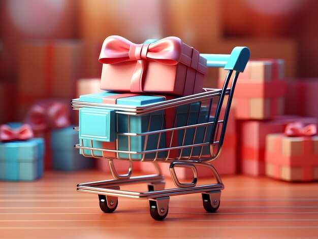 Chariot d'achat avec des boîtes cadeaux colorées Concept de vente du cyber lundi Arrière-plan avec espace de copie