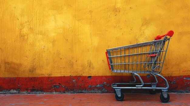 Chariot d'achat sur un fond de mur jaune texturé