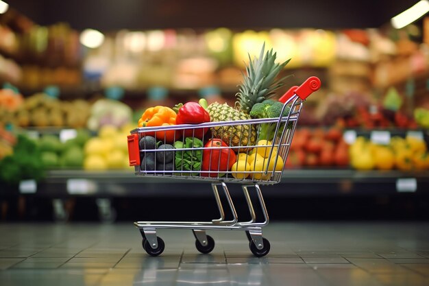 Chariot d'achat avec des fruits et légumes au marché